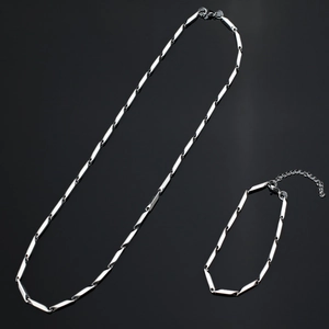 Polished silver stainless steel cylinder link chain necklace and bracelet jewelry set