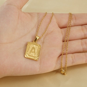 18K gold plated stainless steel square pendant necklace featuring embossed letter A