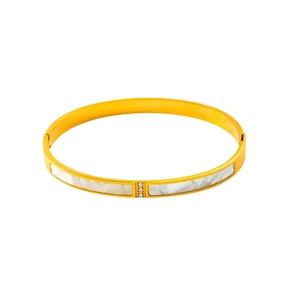 Bracelet jonc en acier titane doré avec nacre blanche et trois petits cristaux étincelants