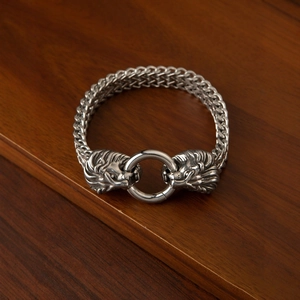 Pulsera Trenzada de Acero de Titanio Vintage para Hombre Cabeza de Animal Estilo Punk Vikingo León Lobo Dragón Calavera Joyería