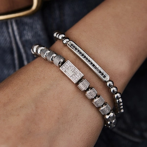 Kronen quadratische Platte und schwarzer Zirkon Perlenarmband Set für Herren verstellbar