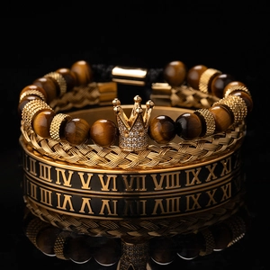 Lujosa Pulsera de Cuentas de Piedra Natural de Acero Inoxidable con Corona y Brazalete de Números Romanos para Hombre Mujer