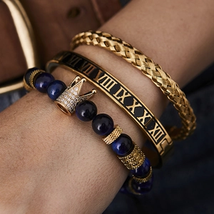 Conjunto de joyas para hombre de 3 piezas con pulsera de corona de oro 18k y brazalete romano