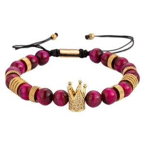 Set de 3 pulseras de piedra ojo de tigre púrpura con corona dorada y circonitas cúbicas
