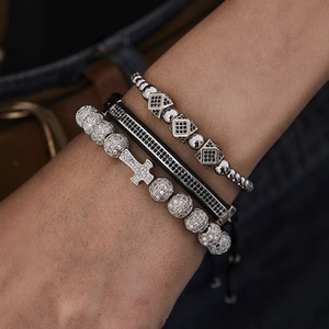 Men's hip hop luxury bracelet set with silver beads, cz diamonds and cross charm