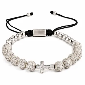 Handmade woven cross bracelet set with gold plated beads and micro pave zircon cross