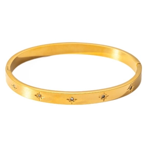 18K gold plated stainless steel bangle featuring starburst engravings and white zircons
