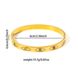 Detailed view of evil eye gold bangle with color crystals and dimension measurements