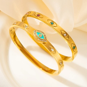 Trendy Stainless Steel Evil Eye Bangle For Women Gold Plated Colorful Zirconia Enamel Boho Jewelry Adjustable Open Bracelet
