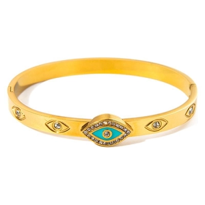 Gold plated stainless steel evil eye bangle with blue enamel and pave zircons
