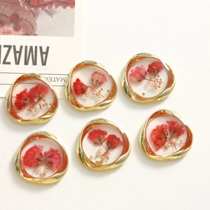 Set of 6 gold alloy resin flower charms with red dried flowers for DIY jewelry making