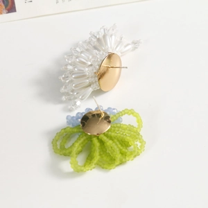 Gold-plated stud earrings with elegant pearls and lime green beaded flower designs