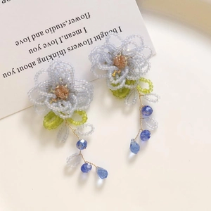 Détail de boucles d'oreilles fleurs tissées avec cristaux bleus sur carte poétique