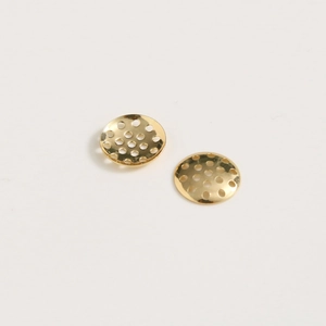 Detailed close-up of two gold-plated filigree hollow round earring base components