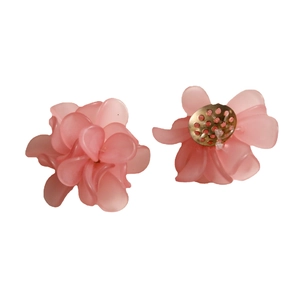 Frosted cherry pink flower stud earrings with acrylic petals and gold metal base