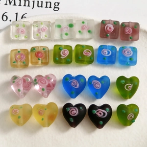 Handmade Frosted Matte Glass Beads With Rose Flower Inner Patterns Heart Square Beads For DIY Earring Jewelry Crafting