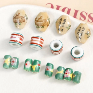 Traditional hand-painted ceramic beads set featuring Chinese calligraphy and floral patterns