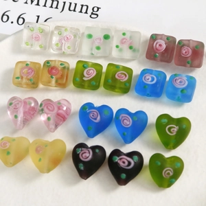 Colorful matte heart and square glass beads with rose spiral pattern for DIY jewelry