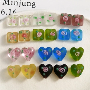 Frosted glass beads in heart and square shapes with rose patterns for DIY jewelry