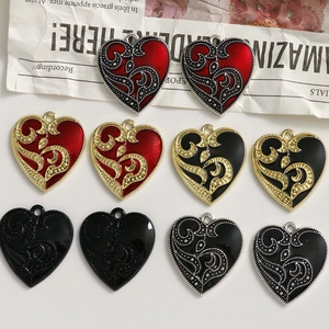 Dark aesthetic heart-shaped alloy charms with vintage floral patterns for DIY jewelry