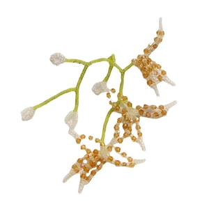Long woven crystal flower earrings with amber beads and green vines on white background