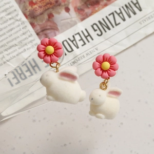 Sweet pink sunflower and white flocked rabbit earrings for cute girls jewelry