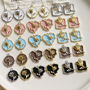 DIY alloy rose flower charms in heart and round shapes for jewelry making