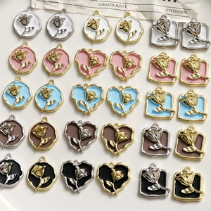 DIY rose alloy charms in heart and round shapes with gold and silver frames for jewelry