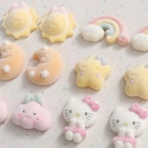 Cute 3D flocked resin accessories featuring sun, rainbow, and cat shapes for DIY crafts