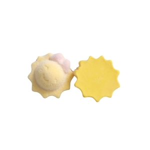 Cute cartoon sun resin DIY charm with smiling face and pink bow, front and back view