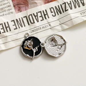 Detailed close-up of retro silver alloy rose pendant with black oil drip and relief design