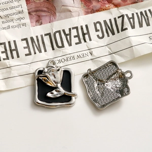 Silver vintage square rose flower charm with black enamel inlay and top hanging ring