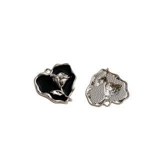 Gothic heart pendant with silver rose relief and black enamel for jewelry DIY making
