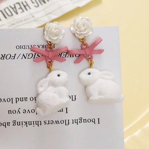 Cute white flocked 3D bunny earrings with pink bow and rose stud macaron style