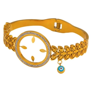 Golden leaf chain bracelet with evil eye charm and rhinestone encrusted sun circle