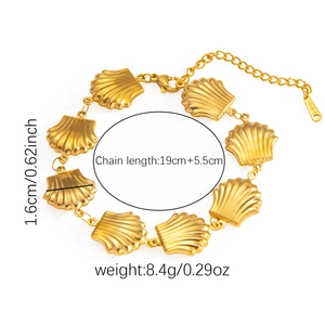 Detailansicht des goldenen Muschelarmbands mit Abmessungen und S-Steel Materialdetails