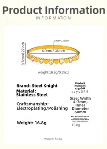 Detail showing dimensions of gold heart-shaped stainless steel bracelet with zircons