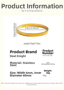 Detail view of 6mm wide gold stainless steel bangle showing 60mm inner diameter and weight