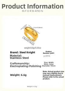 Detailed size specifications for 9mm wide 18k gold plated stainless steel ring