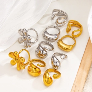 Assorted 18k gold and silver plated adjustable flower rings with organic liquid design