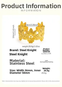 Detailed view of wide hollow floral cuff bangle in 18k gold plated stainless steel