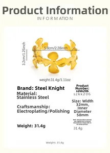 Detail van de brede 18k goud vergulde roestvrijstalen armband met hol klaverpatroon