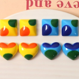 Retro colorful polka dot resin heart and square patches for DIY earring and hair clip jewelry