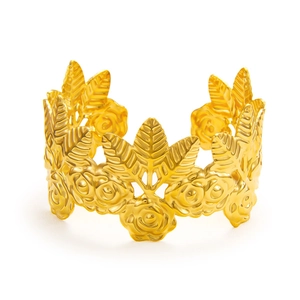 Exaggerated 18k gold plated stainless steel wide open bangle with rose flower pattern