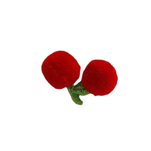 Handmade red pom-pom cherry charms with green embroidered leaves for DIY hair accessories