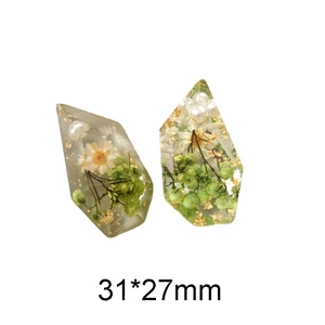 Macro detail of 31x27mm resin earring piece with green flowers, pearls and gold foil