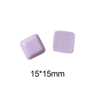Detail view of 15mm lavender square resin charms with dimensions and glossy finish