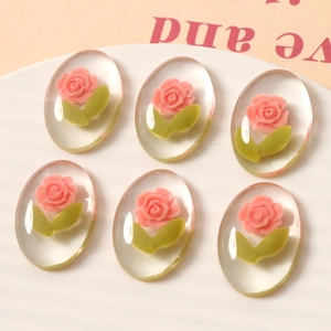 Pink resin rose oval charms with green leaves for DIY hair clips and jewelry making