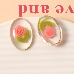 Pink rose and green leaf resin cabochon charms for DIY jewelry and crafts making