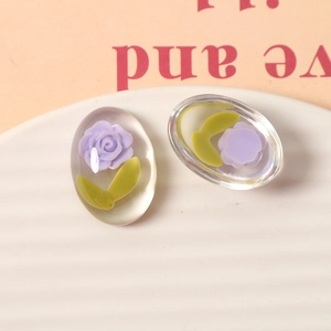 Japanese style resin oval charms with purple rose and green leaves for DIY hair clips